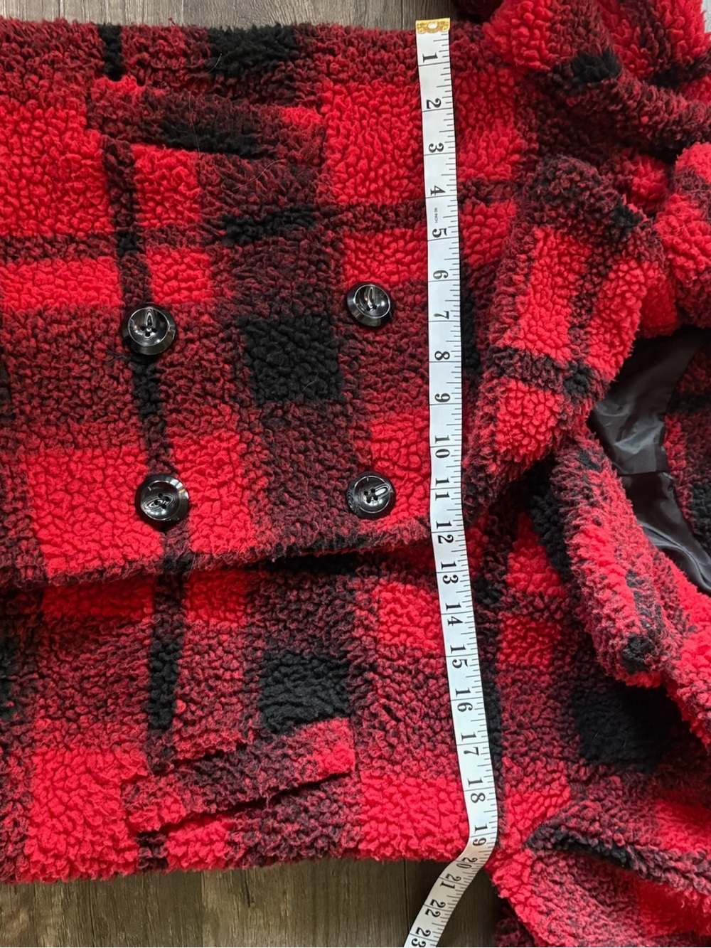 ONLY Red Black Buffalo Plaid Faux Shearling Sherpa Peacoat Jacket Small - Picture 3 of 7